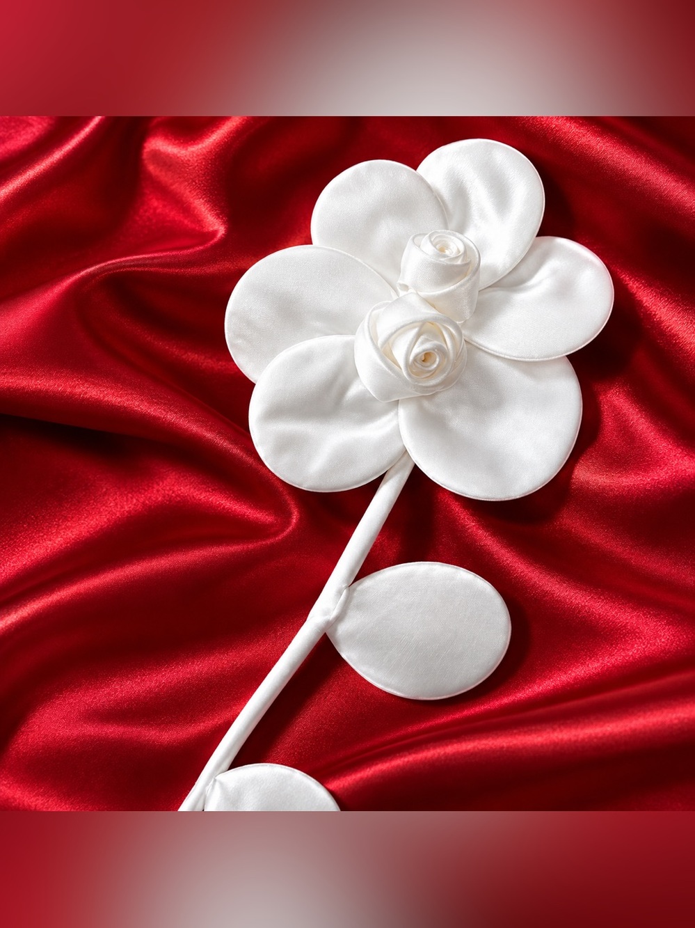2 White 3D Satin Flower Appliqués Long Stem Leaves Sew-On Embellishments